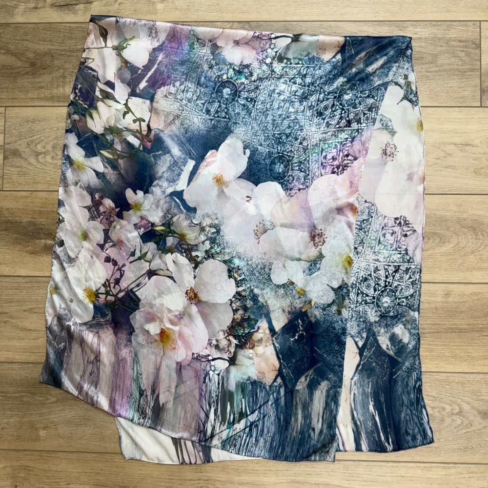 Ted Baker London Safiy Floral Silk Scarf Blue White Rectangular Wrap 34x26